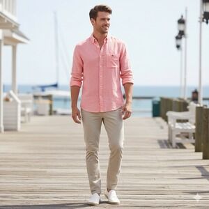 Vineyard Vines Men's Medium Pink Linen Long Sleeve Button Down Shirt Slim Whale